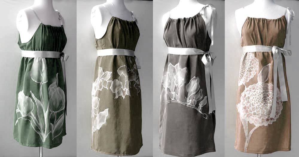 Four Hand Painted Custom Made Silk Bridesmaids Prom Formal Dresses Draped  Romantic Floral Flower Elegant  Spring  Summer