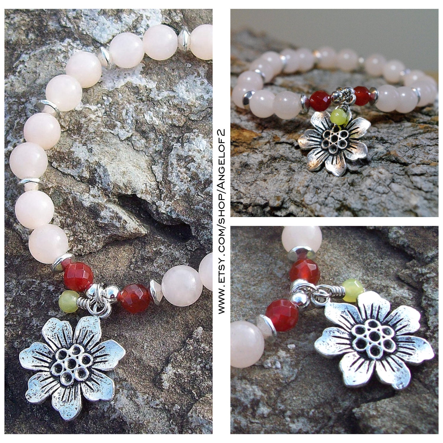 Pink Aventurine and Carnelian Stretch Meditation Bracelet - Flower Charm with New Olive Jade Dangle