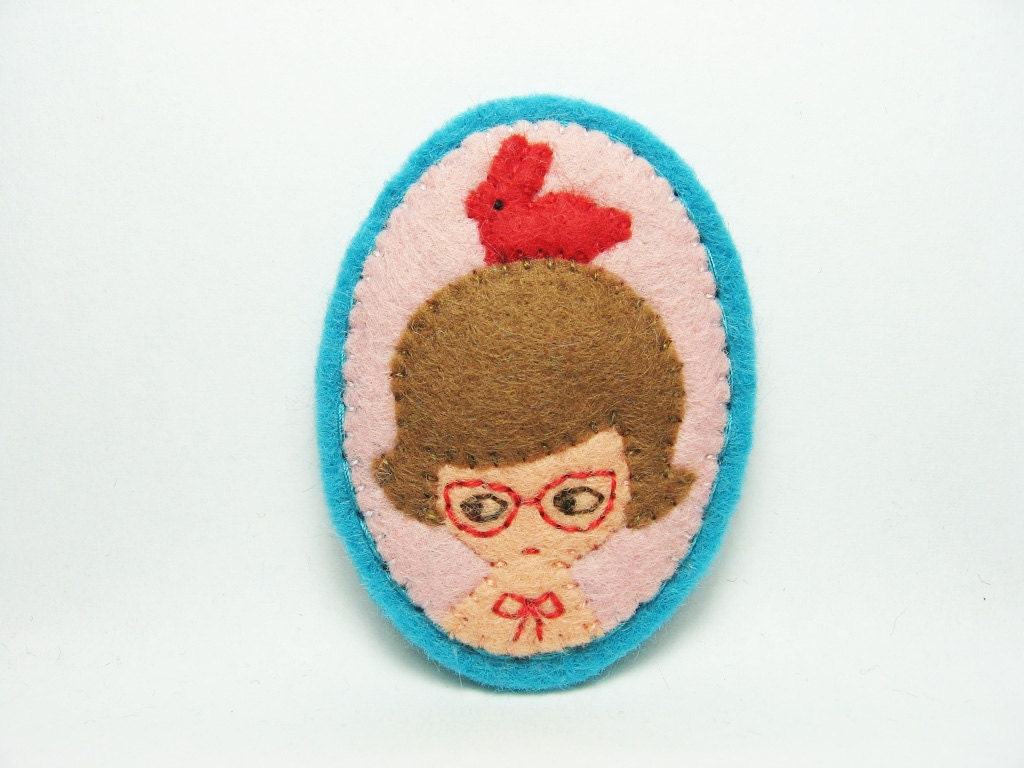 Red candy rabbit with girl felt pin