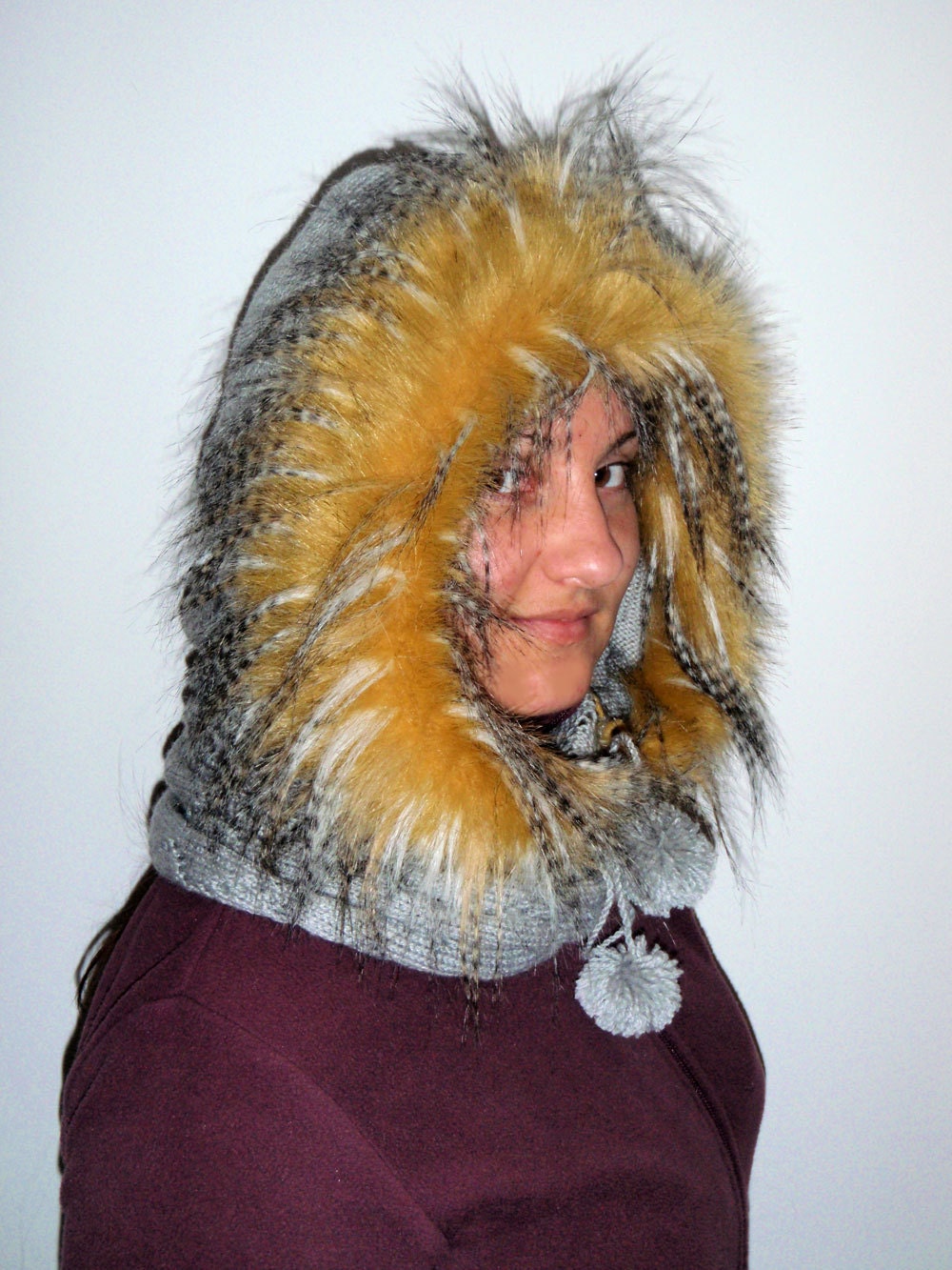Knit Hood Hoody Scarf Hat super soft with faux Fur warm Winter Fashion Accessories