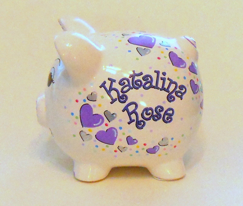 Personalized Piggy Bank Lavender and Silver Hearts