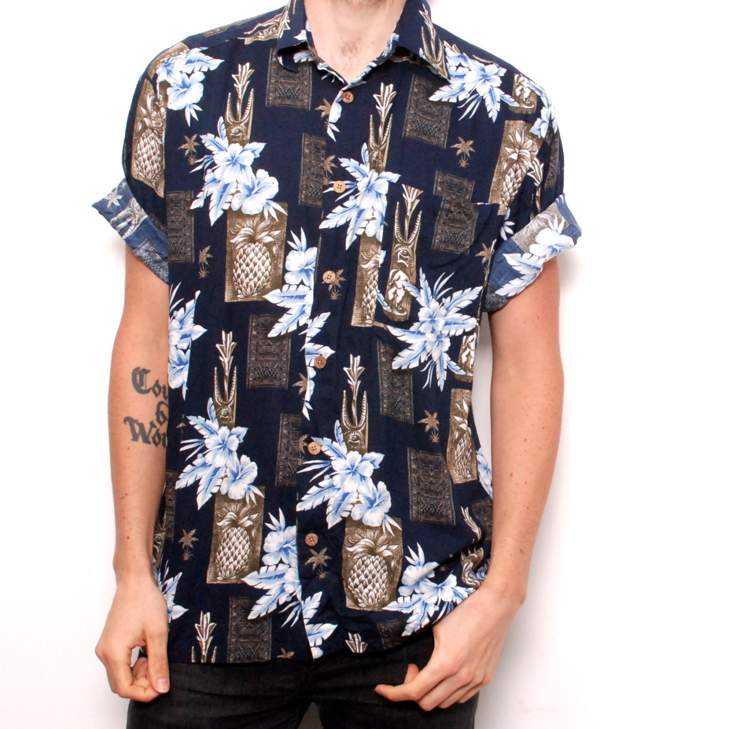 TROPICAL floral hawaiian 80s 90s RAYON short sleeve SURFER button up shirt