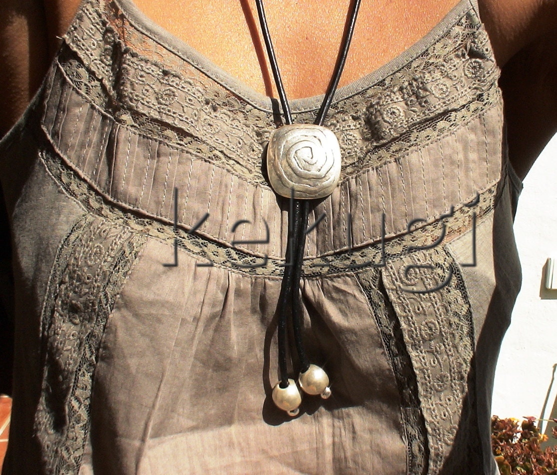 women tribal brown  leather necklace with silver beads sterling silver 8 micras coating jewelry