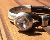 women brown leather bracelet sterling silver plated half bracelet cuff button clasp  swarovski finding jewellery
