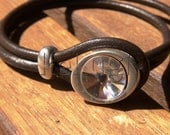 unisex mens womens brown leather  bracelet button swarovski clasp sterling silver coating