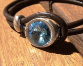 unisex mens womens brown leather  bracelet blue swarowski  button clasp sterling silver coating