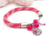 Beads crochet rope bracelet with sterling silver and hot pink chalcedony , wire wrapped