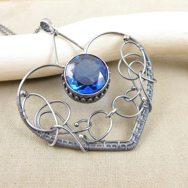 Wire wrapped necklace, bridal metalwork jewelry, wire wrap fine necklace, sterling silver necklace, romantic blue heart, gemstone jewelry