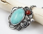 Metalwork necklace, gemstone fine necklace, romantic retro jewelry, sterling silver jewelry, flower necklace, blue orange jewelry