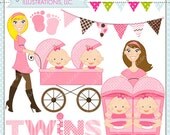 Strollin Double Girls Cute Digital Clipart for Commercial or Personal Use, TWIN GIRLS Clipart, Twins Stroller Il_170x135