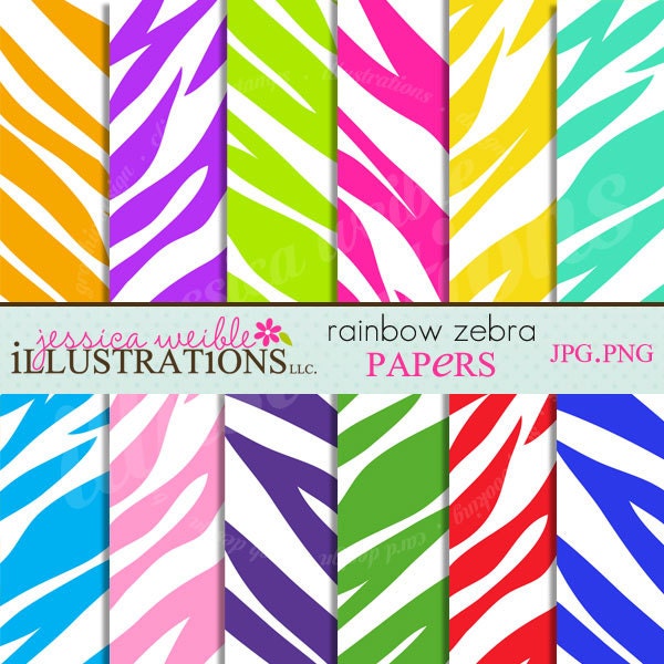 Rainbow Zebra Cute Digital Papers Backgrounds for Invitations, Card Design, Scrapbooking, and Web Design Il_570xn