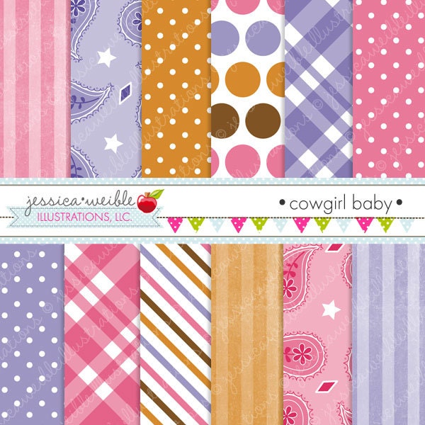 Cowgirl Baby Cute Digital Papers Backgrounds for Commercial or Personal Use, Cowgirl Patterns Il_570xn