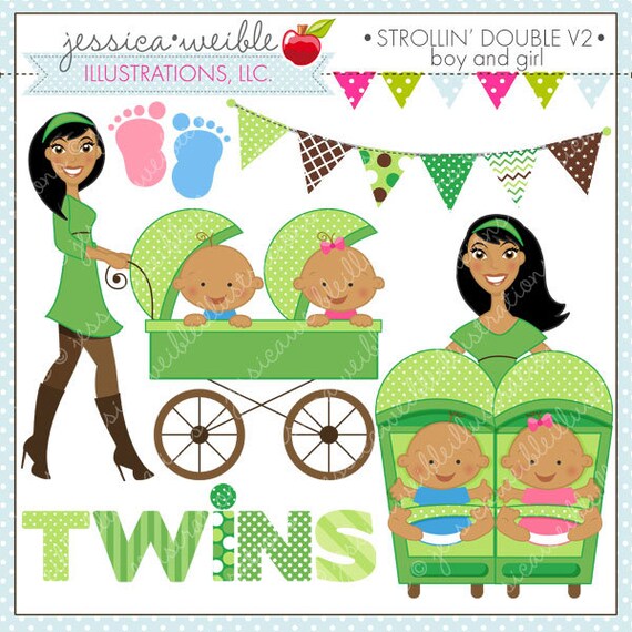 Strollin Double Boy and Girl V2 Cute Digital Clipart for Commercial or Personal Use, TWIN BOY and GIRL Clipart, Twins Stroller Il_570xn