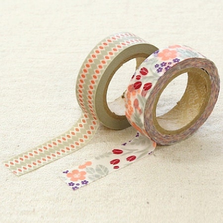 2 Set - Versailles Green Flower Adhesive Masking Tapes (0.6in)