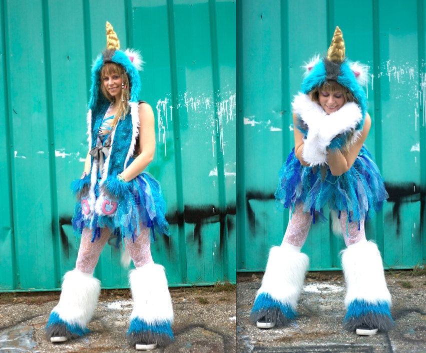 UNiCoRn Costume -- aqua . white . silver sparkle faux fur  or YOU choose Hood, Leggies, Tail, Wrist Cuffs // unique handmade adult unisex