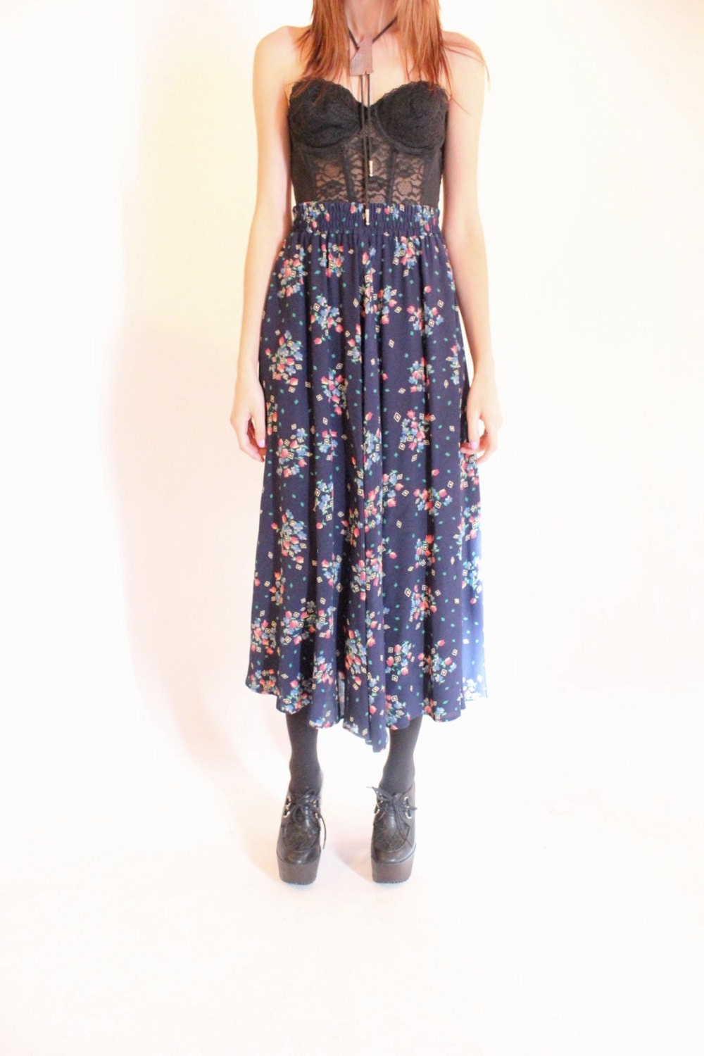 ROSSIE 80s Navy Geometric Floral Maxi High Waist Shabby Chic Skirt