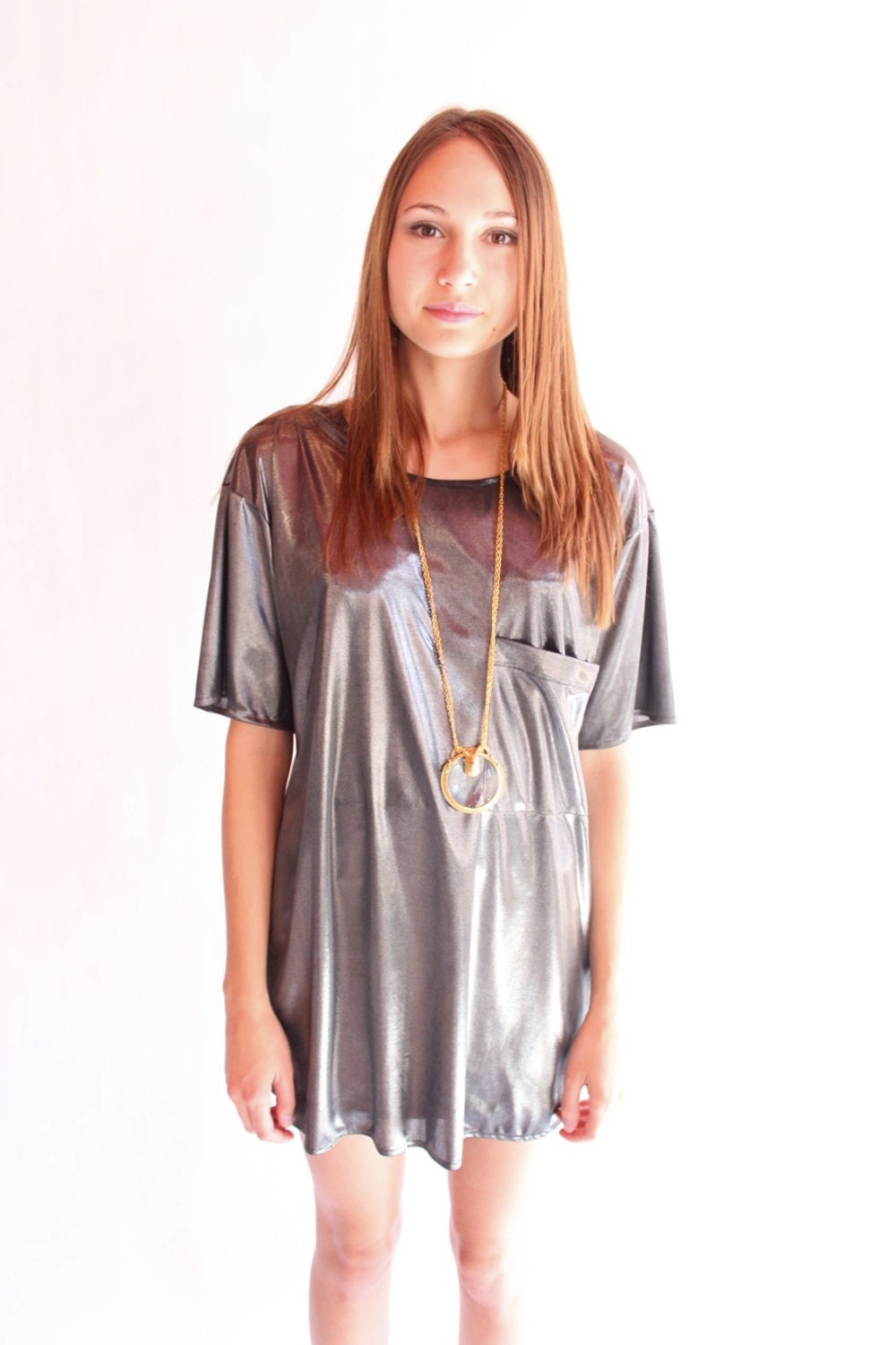 MELTING 90s Shiny Metallic Silver Charcoal Slouchy Rave T Shirt