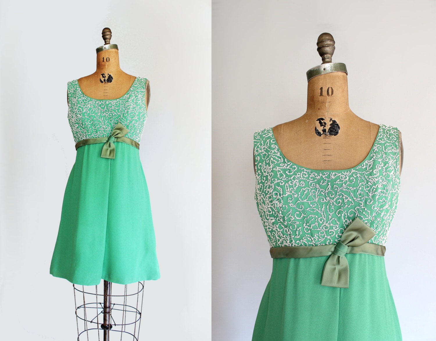 60s dress - vintage 1960s cocktail mini dress - sleeveless - kelly green - mod - beaded - Small