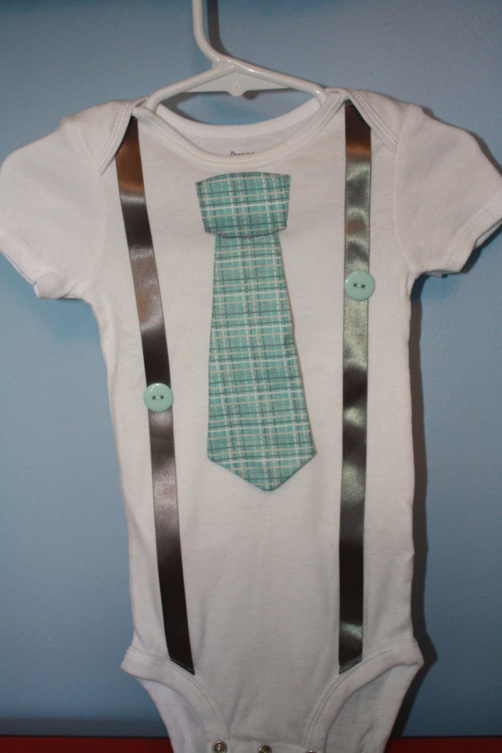 Aqua and Gray Plaid Tie and Suspenders Onesie