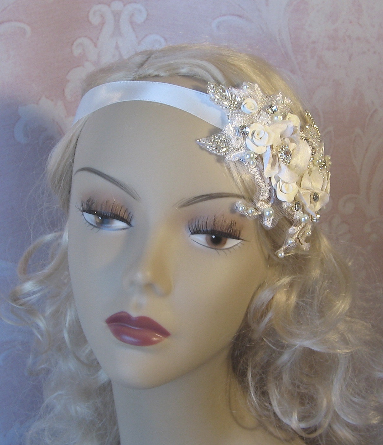 Bridal Headband, Headpiece, Wedding Head Piece, Flowers, Rhinestones, Lace and Pearls, Bridal Cap, Juliet Cap - SOPHIA