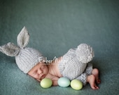 Baby Bunny Hat, Newborn Photo Prop Set, Light Gray, Easter Rabbit, Chunky Wool Infant Hat, Knit Pants