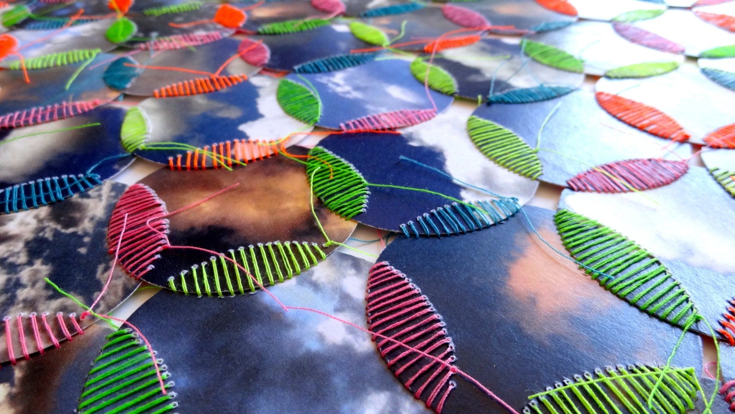 Overlapping Skies - Original Sky/Cloud Photographic Collage Hand-Sewn with Neon Threads FRAMED