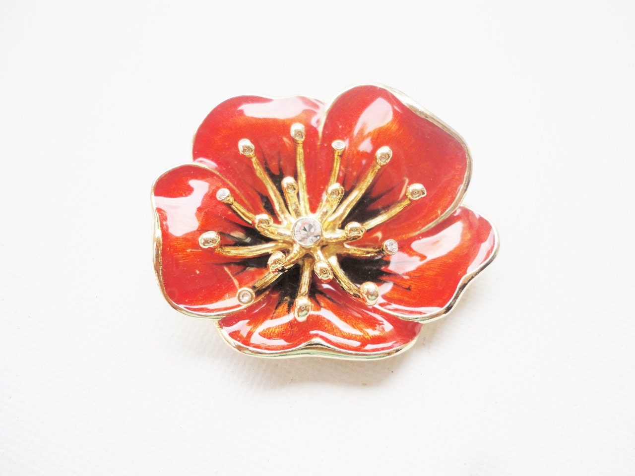 Monet Poppy flower brooch rhinestones enameled red flower pin