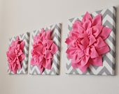 Pink Wall Art -SET OF THREE Pink Dahlias on Gray and White Chevron 12 x12" Canvas Wall Art- Home Decor