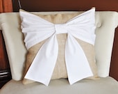 Throw Pillow White Bow on Burlap Pillow 14x14 -Rustic Home Decor-