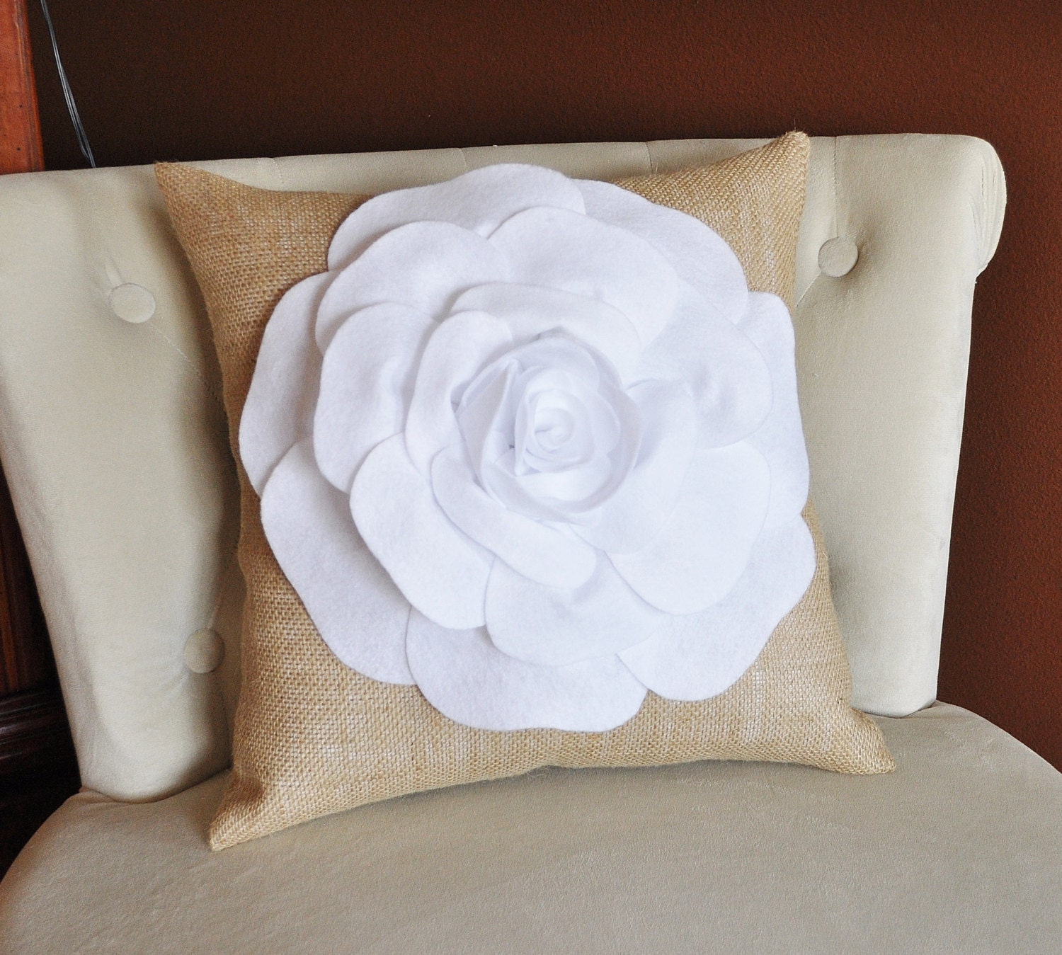 White Rose Flower on Burlap Pillow Accent Pillow Throw Pillow Toss Pillow