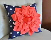 Coral Dahlia on Navy and White Polka Dot Pillow -Baby Nursery Pillow- Toss Pillow Decorative Pillow