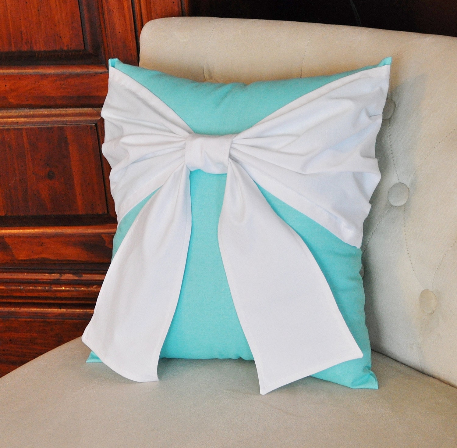 Throw Pillow White Bow on Bright Aqua Pillow 14x14 -Tiffany Blue Pillow-