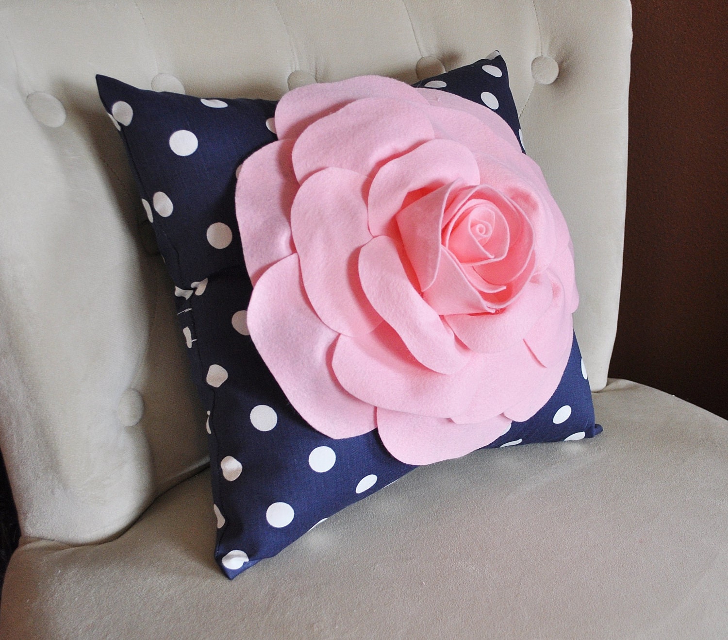 Rose Pillow Light Pink Flower on Navy and White Polka by bedbuggs