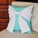 Throw Pillow White Bow on Bright Aqua Pillow 14x14 -Tiffany Blue Pillow-
