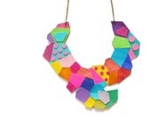 Neon Polka Dot Statement Necklace, Polygon Faceted Leather Necklace, Geometric Statement Jewelry