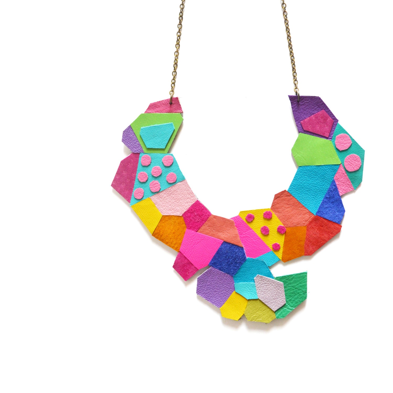 Neon Polka Dot Statement Necklace, Polygon Faceted Leather Necklace, Geometric Statement Jewelry