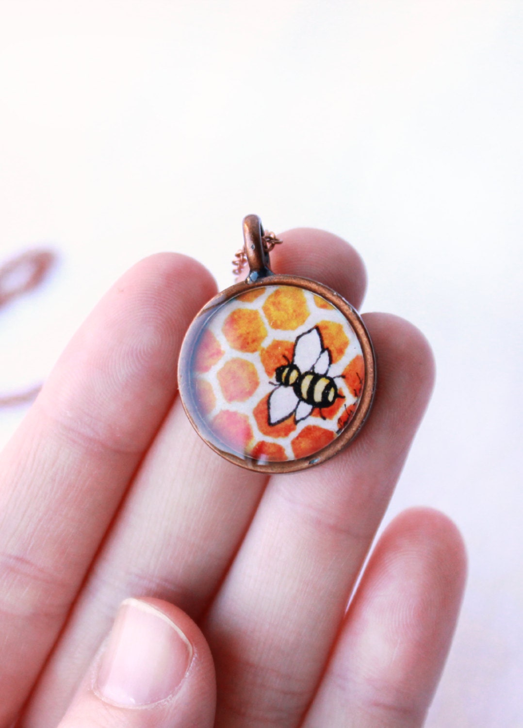 Honey Bee necklace, copper bumble bee jewelry, honeycomb illustration art print, spring bee necklace, LIMITED EDITION