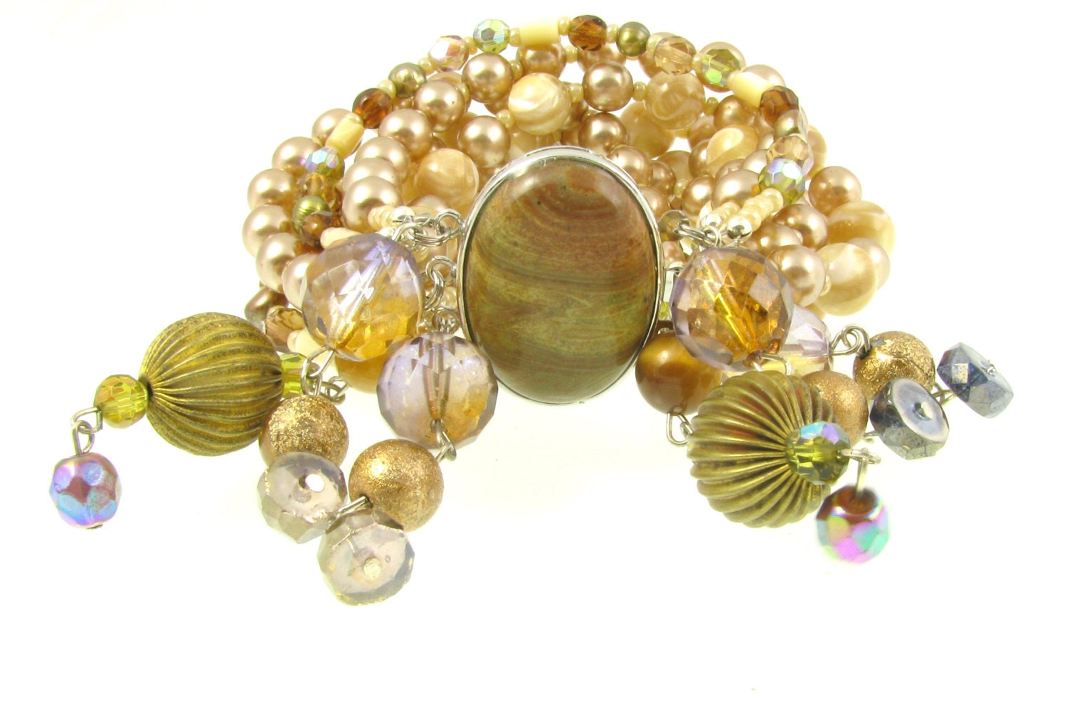 Cuff Style -Statement Jewellery-Handmade Bracelet -Tiger Eye Beads-Natural Jasper-Fresh Water Pearl-Shell Beads -Beige,Amber, Green