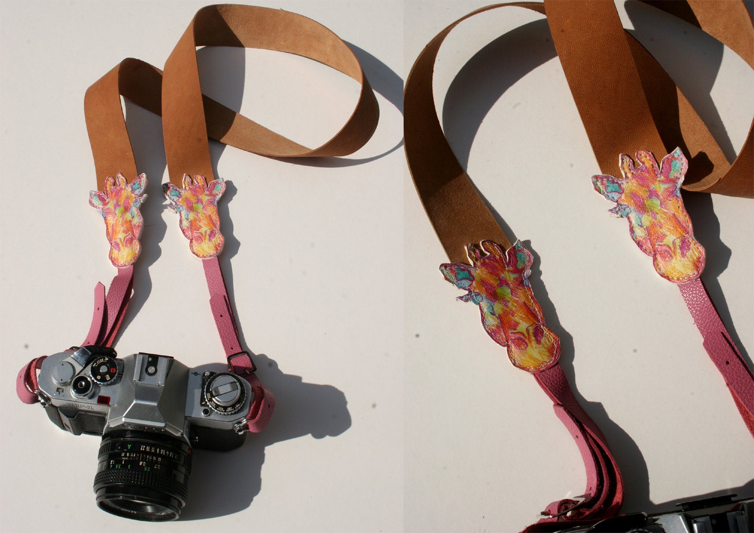Gerald the ORANGE Giraffe Size (1) Leather Buckled Camera Neck Strap by Magpie Accessories