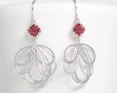 Feather Drop  earrings, Dangle Earrings, Silver Plated earrings, wedding earrings, gift, feather earrings, ruby charm