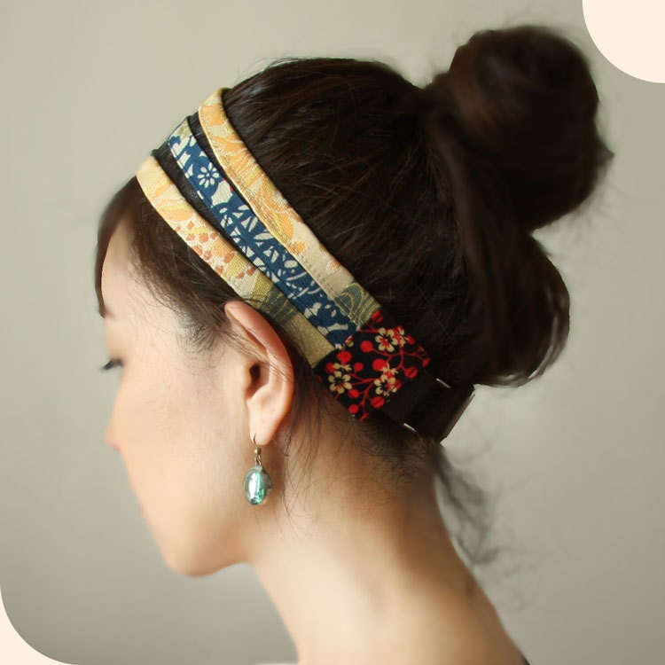 Japanese Obi Triple headband Adjustable/ Cream Blue