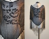 Vintage Black Sheer Crochet Drape Fringe Poncho Shawl Gypsy Goth SML Festival