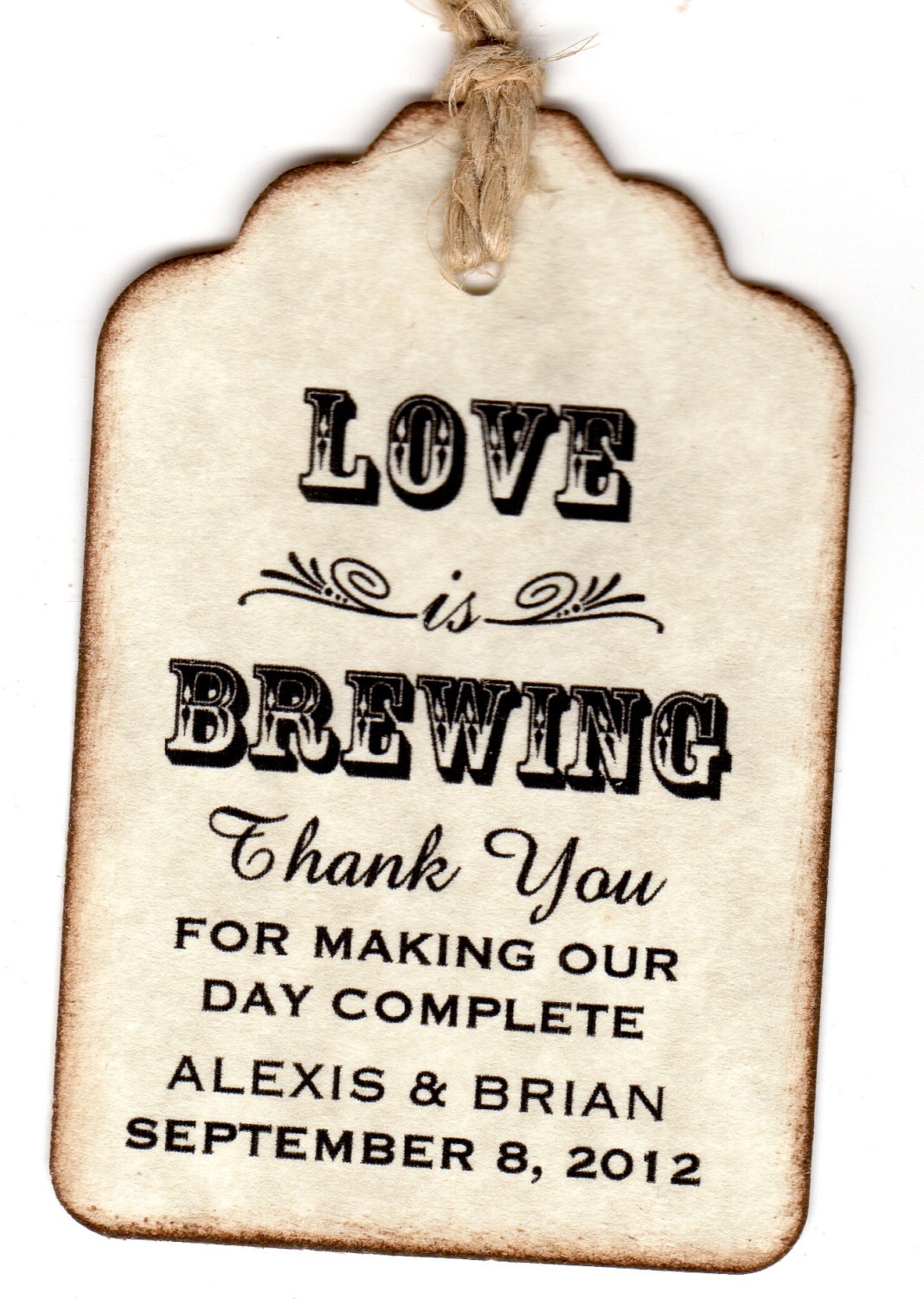 50 Personalized Love Is Brewing Wedding Favor Tags / Place Cards / Thank You Tags / Coffee or Tea Tags / Labels - Vintage Style