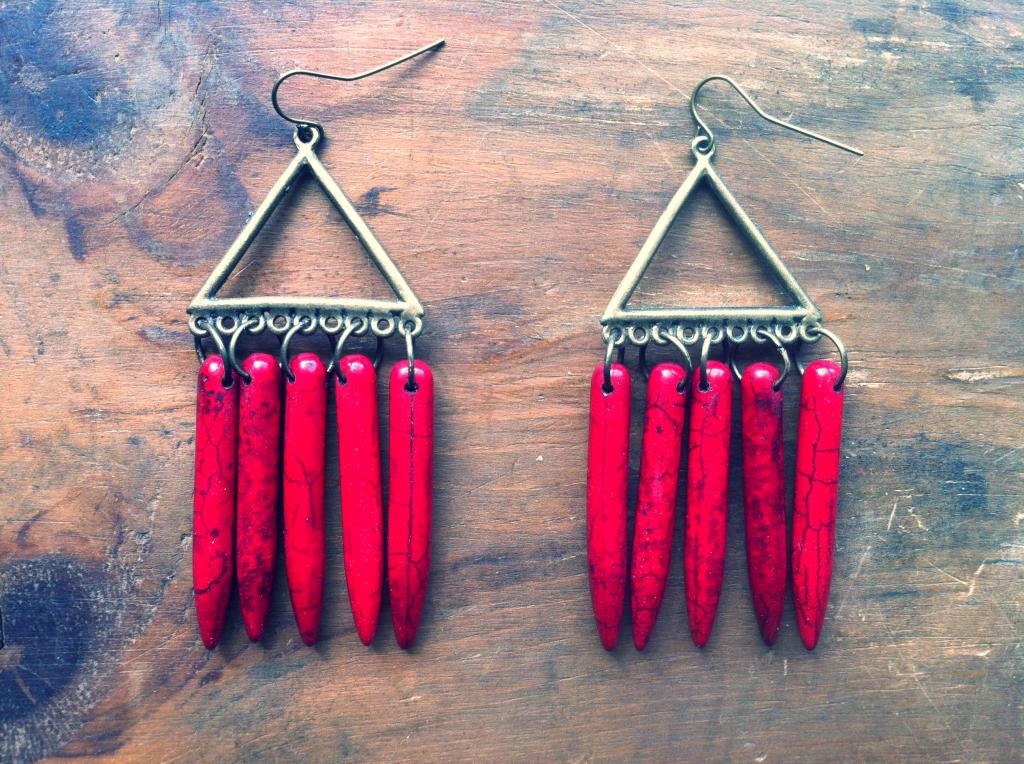 Brass Triangle Earrings, Red Howlite Earrings, Statement Earrings, Bohemian Earrings, Mothers Day Earrings
