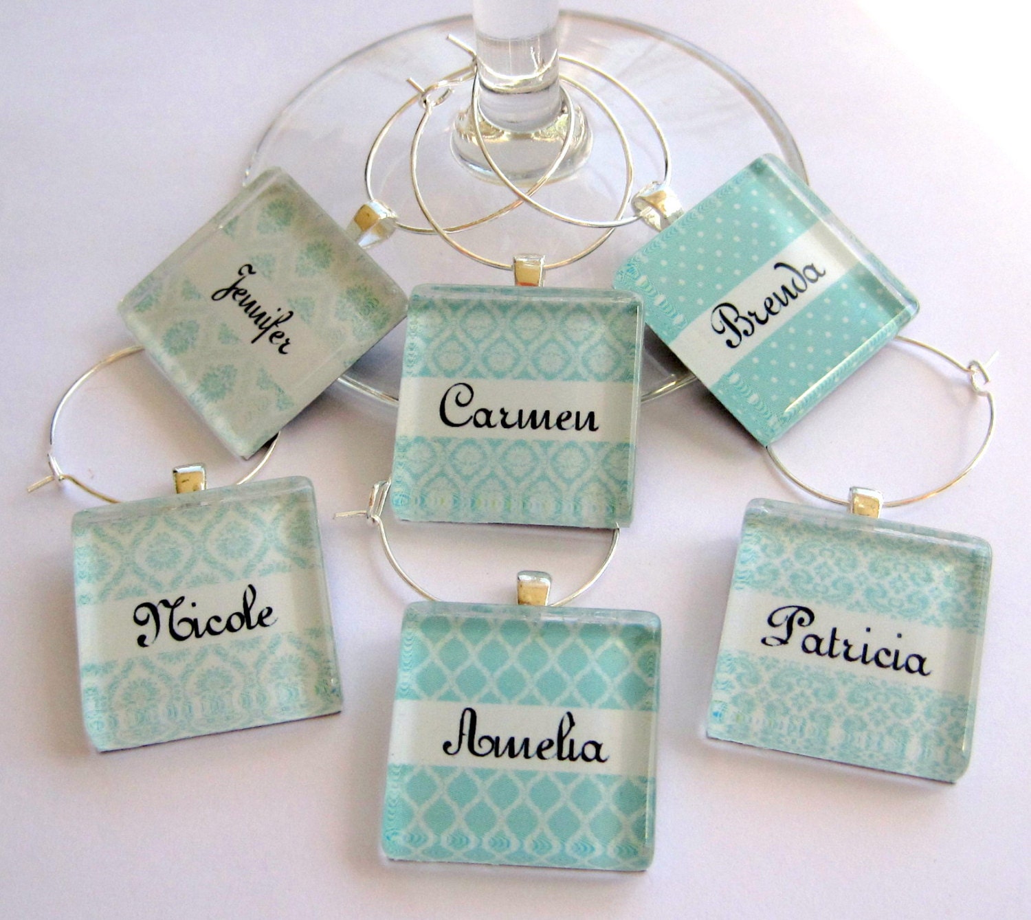 Mint Wine Charms - Personalized - Set of Six Glass Wine Charms