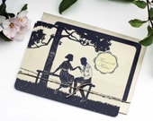 100 Custom Vintage Save the Dates or Vintage Wedding Invitations Silhouette Couple on Bench