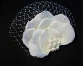 Wedding Hair Flower Crystal Pearl Veil- HALEE Ivory White Bridal Hair Comb - Bridal Hair Accessories - Rhinestone Pearl Center