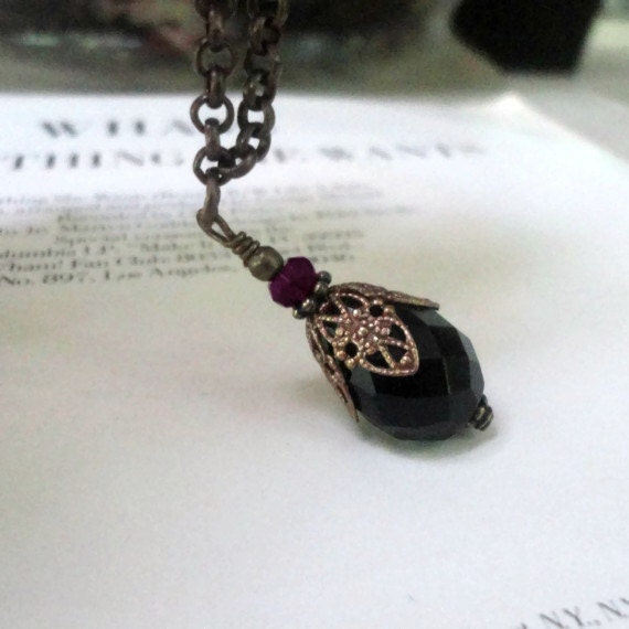 Black Crystal Necklace Vintaj Brass Jet Black Czech Glass Crystal Necklace Victorian Gothic Black Teardrop Necklace
