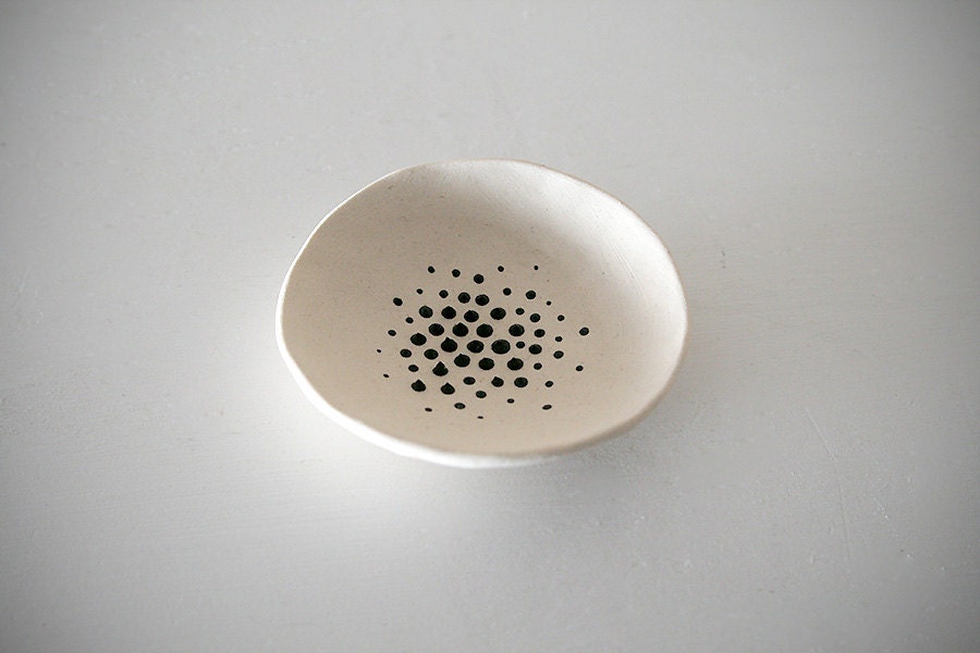 White Handmade Stoneware Dish with Black Dots / Small and Decorative / "ASTERISM 02"