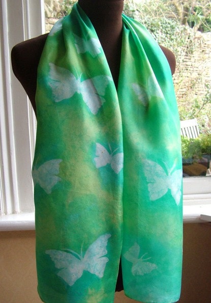 The Spirit of Spring - Gorgeous Spring Green Butterfly Handpainted Designer Batik Silk Scarf